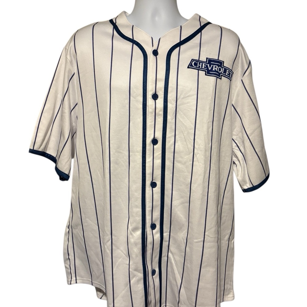GM Chevrolet Men's White and Blue Striped Button Down Baseball Jersey XL NWT